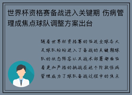 世界杯资格赛备战进入关键期 伤病管理成焦点球队调整方案出台 世界杯资格赛备战进入关键期 伤病管理成焦点球队调整方案出台
