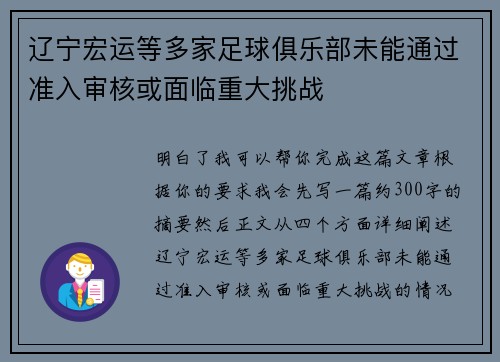 辽宁宏运等多家足球俱乐部未能通过准入审核或面临重大挑战 辽宁宏运等多家足球俱乐部未能通过准入审核或面临重大挑战